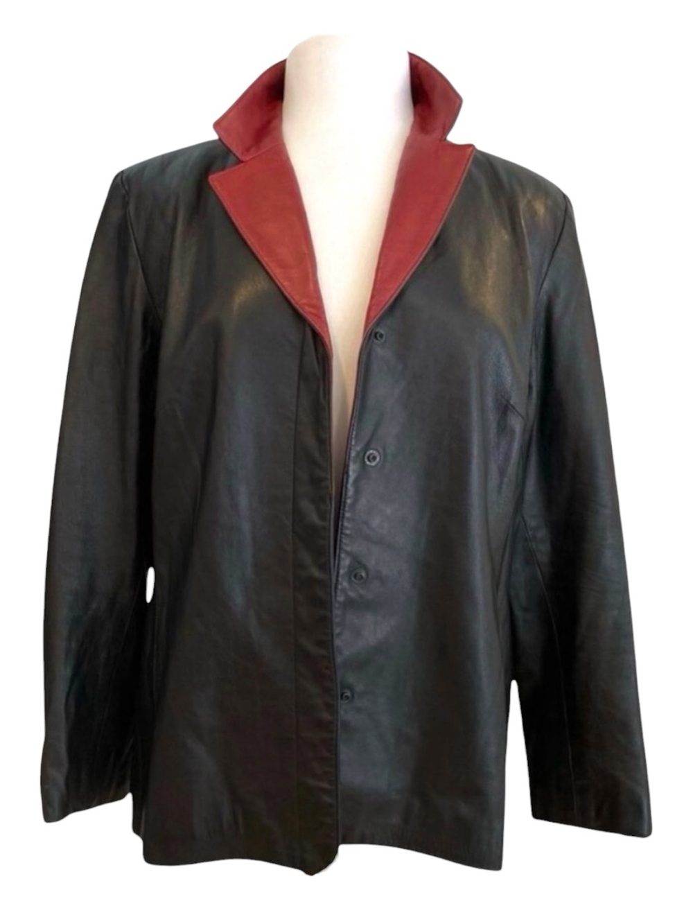 Danier Genuine Leather Blazer L Black Burgundy Contrast Lapel 90s Canadian